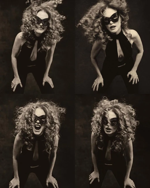Woman in a black halter jumpsuit and mask poses in a four-image grid, captured with studio lighting against a dark background.