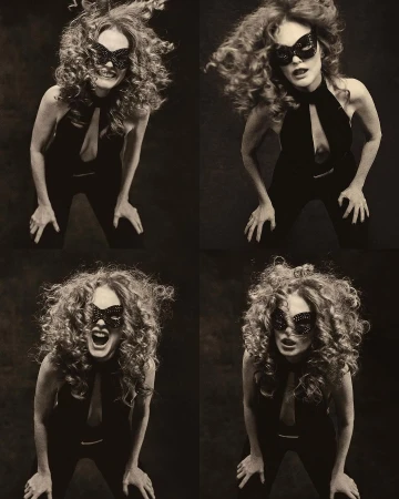 Woman in a black halter jumpsuit and mask poses in a four-image grid, captured with studio lighting against a dark background.
