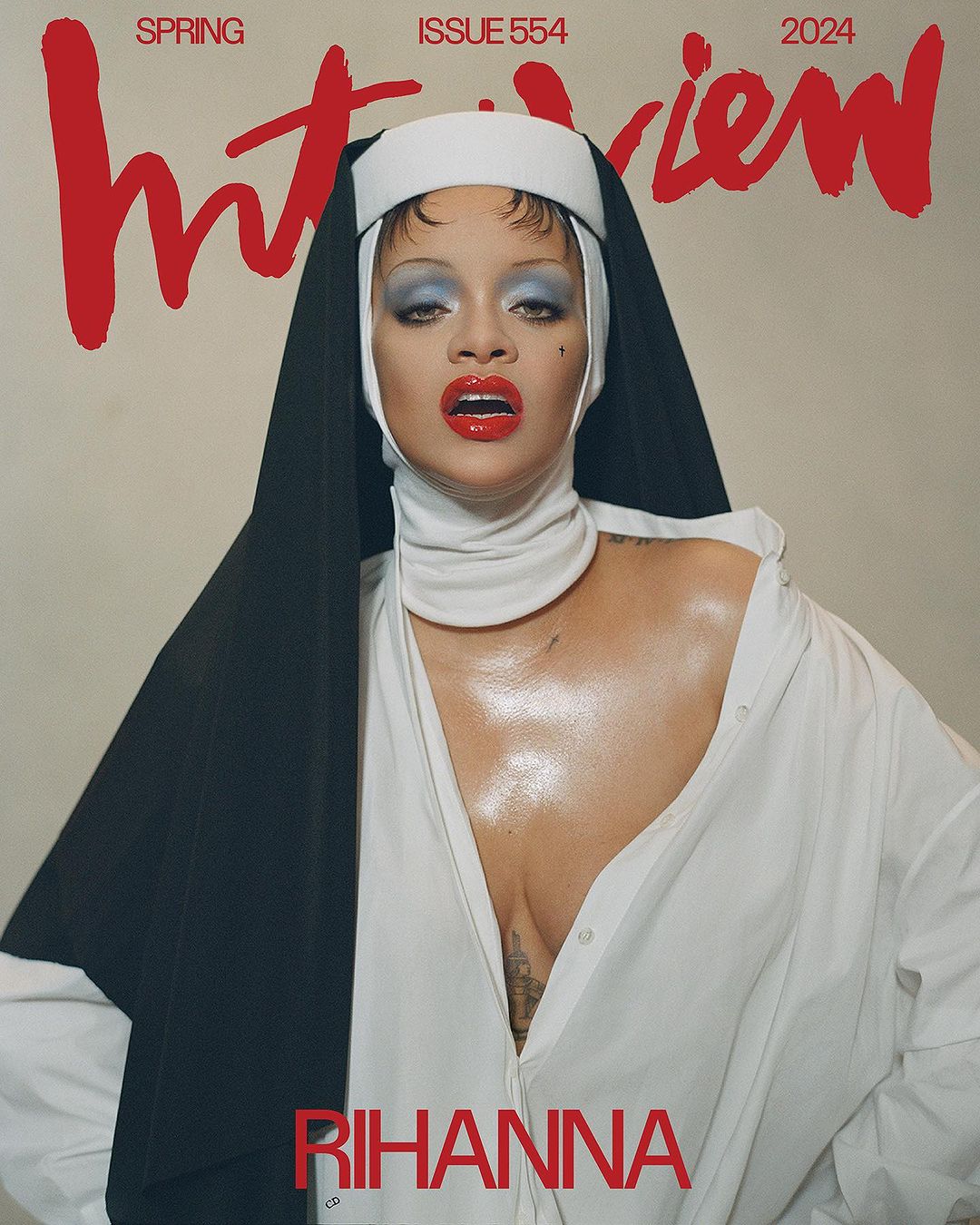 Interview magazine cover featuring Rihanna wearing a nun-like outfit with dramatic makeup in a close-up portrait format, 2024 Spring Issue.