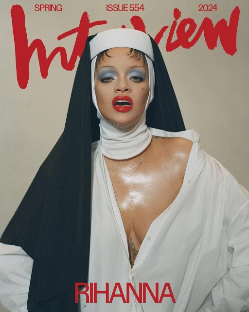 Interview magazine cover featuring Rihanna wearing a nun-like outfit with dramatic makeup in a close-up portrait format, 2024 Spring Issue.
