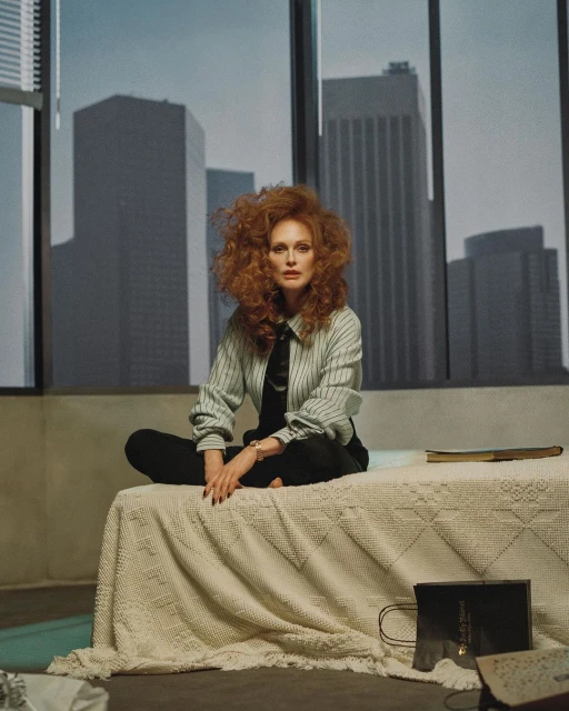 A redhead woman sits on a bed in front of a large window with skyscrapers. She wears a striped shirt and black pants.