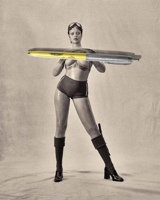 A model poses with a very large yellow marker in a studio setting, wearing sports bra and shorts, goggles and chunky knit boots.