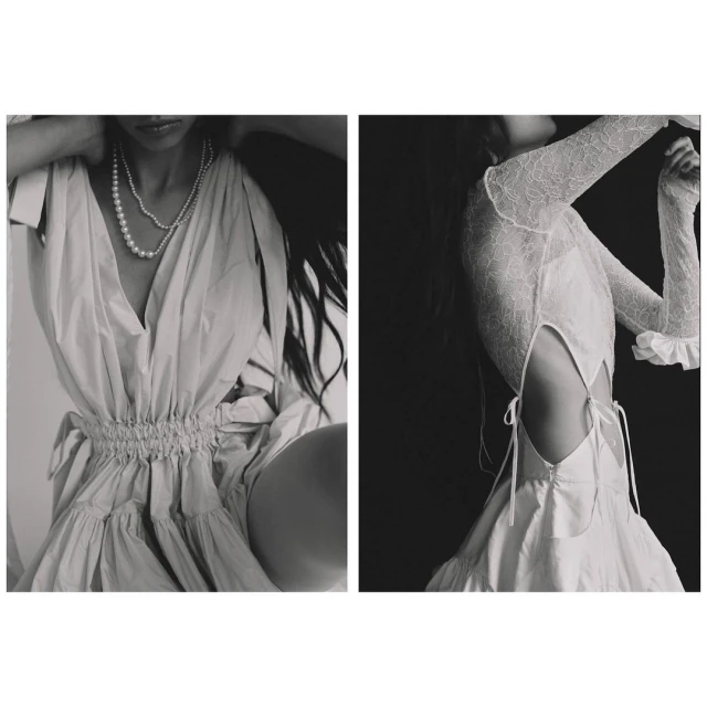 Black and white fashion shot: a woman in a light-colored dress and pearls is split with one side dark and another light.