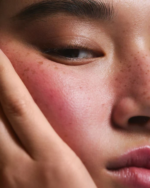 Close-up portrait of an Asian female face, featuring freckled skin, soft lighting, and a hand gently touching the cheek.
