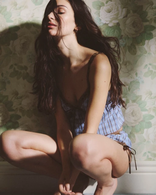 Brunette woman in a blue and white plaid lingerie set with lace trim, posing in a crouched position indoors in front of floral wallpaper.