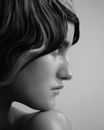 Close-up profile portrait of a person with dark hair resting chin on shoulder against a solid grey background