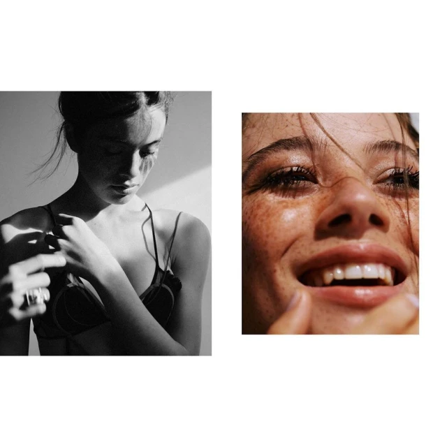Monochrome portrait of a young woman with freckles smiling next to a cropped black and white portrait of the same model.