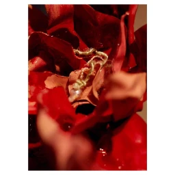 Close-up macro photography of a delicate pearl and thread necklace nestled inside glossy red petals