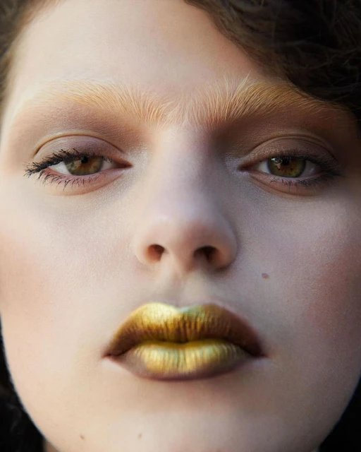 Close-up portrait of a young adult female with striking gold lipstick, light eyebrows, and brown eyes. Beauty shot with natural lighting.