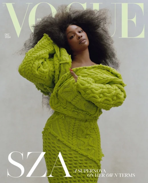 Vogue magazine cover featuring SZA in a bright green knit dress, looking at the camera against a neutral background, December 2024 issue.