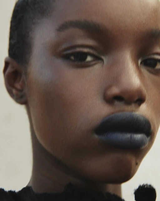 Close-up portrait of a Black woman with dark blue lipstick against a neutral backdrop, emphasizing beauty and facial features.
