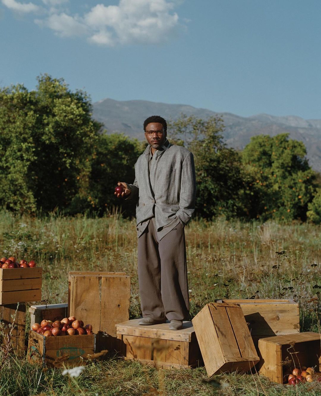 Adult man in stylish grey suit standing among wooden crates of apples in rural setting with mountain background under clear sky.