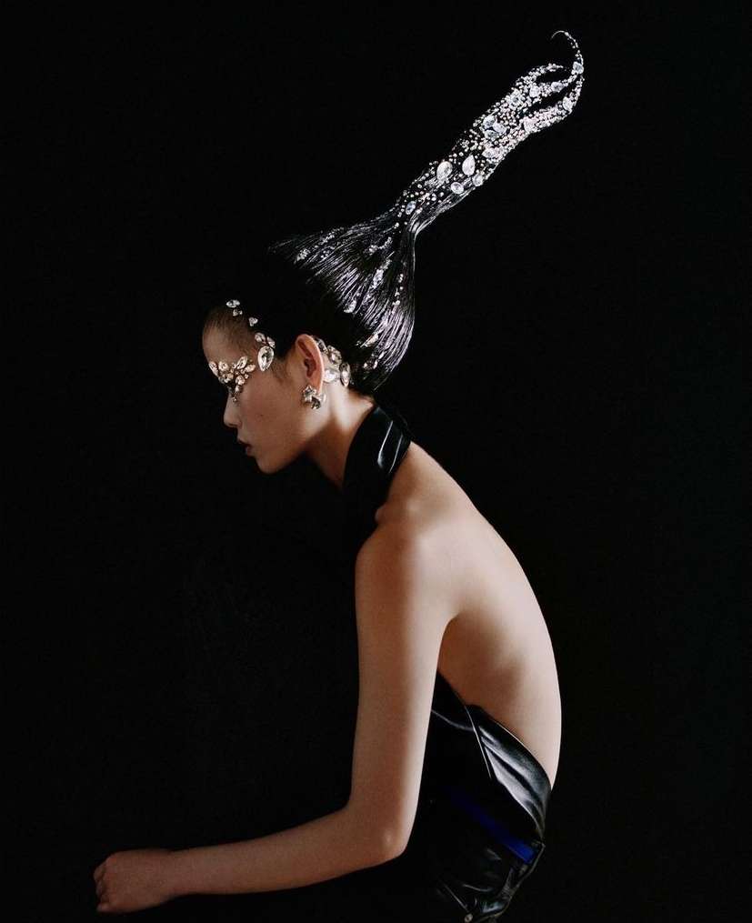 Glamour shot of a woman with jeweled hair, wearing a black top against a dark background, emphasizing beauty and unique hairstyle.