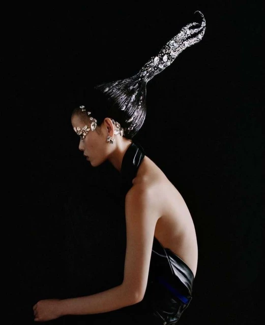 Glamour shot of a woman with jeweled hair, wearing a black top against a dark background, emphasizing beauty and unique hairstyle.