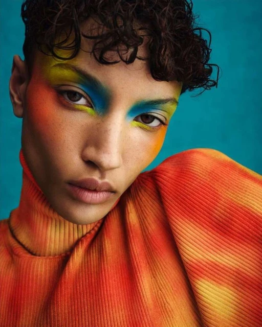 Close-up studio portrait of an adult female with colorful makeup and a patterned orange turtleneck against a blue background.
