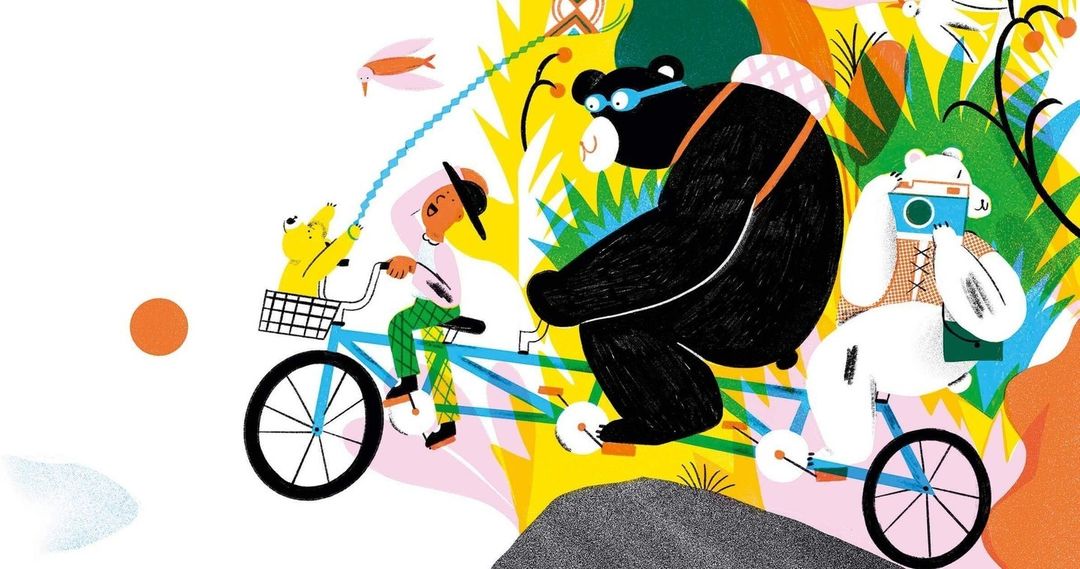 Vibrant illustration of diverse characters—human, bears, yellow creature—riding a blue tandem bike through a colorful, whimsical landscape.