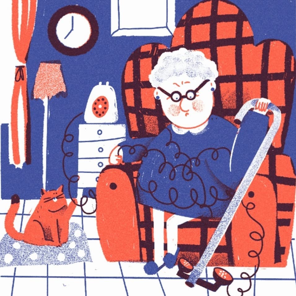 Illustration of elderly woman in armchair using telephone with a cat nearby, rendered in blue, red, and white with a retro style.