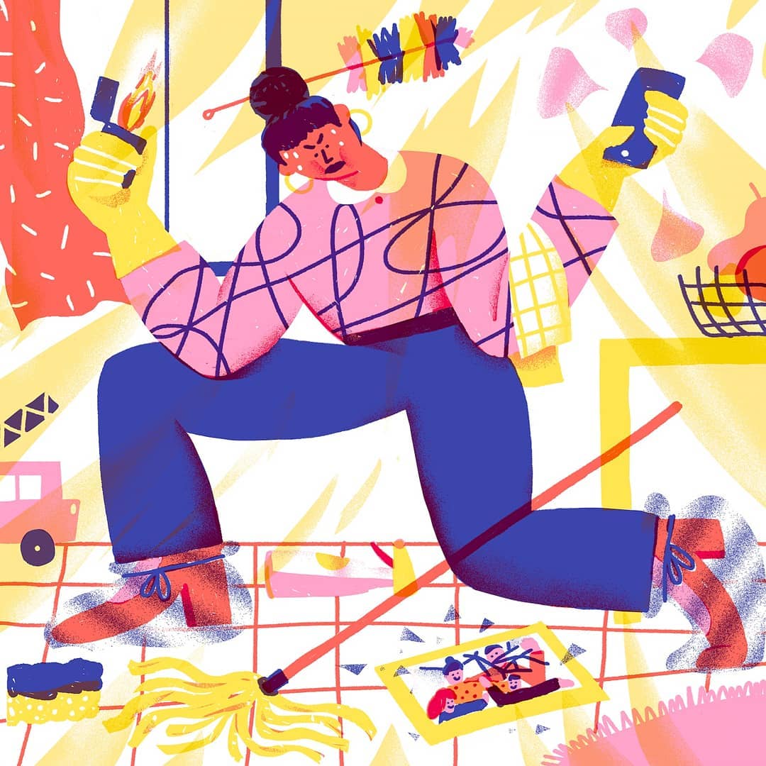 Illustration of a woman cleaning vigorously with a mop, spray bottle, lighter, and duster in a stylized, brightly colored interior.