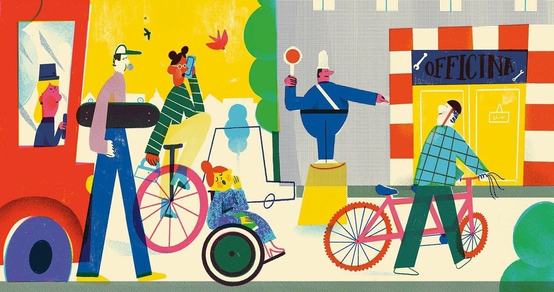 Colorful illustration of people in city, including pedestrian, cyclist, wheelchair user, and traffic guard, with buildings and vehicles.