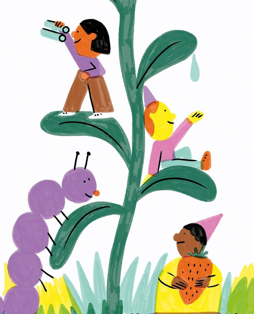 Illustration of four figures on a beanstalk, one with binoculars, one reaching, one with strawberry, and a purple caterpillar.