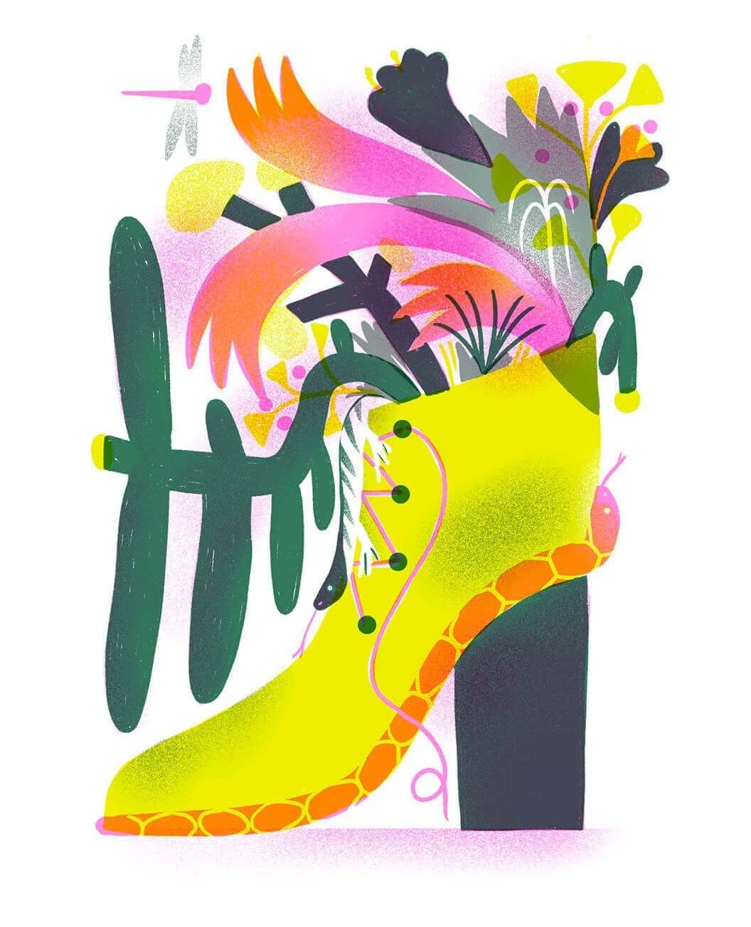 Whimsical illustration featuring a yellow high heel shoe filled with colorful, stylized plants and flowers on a white background.