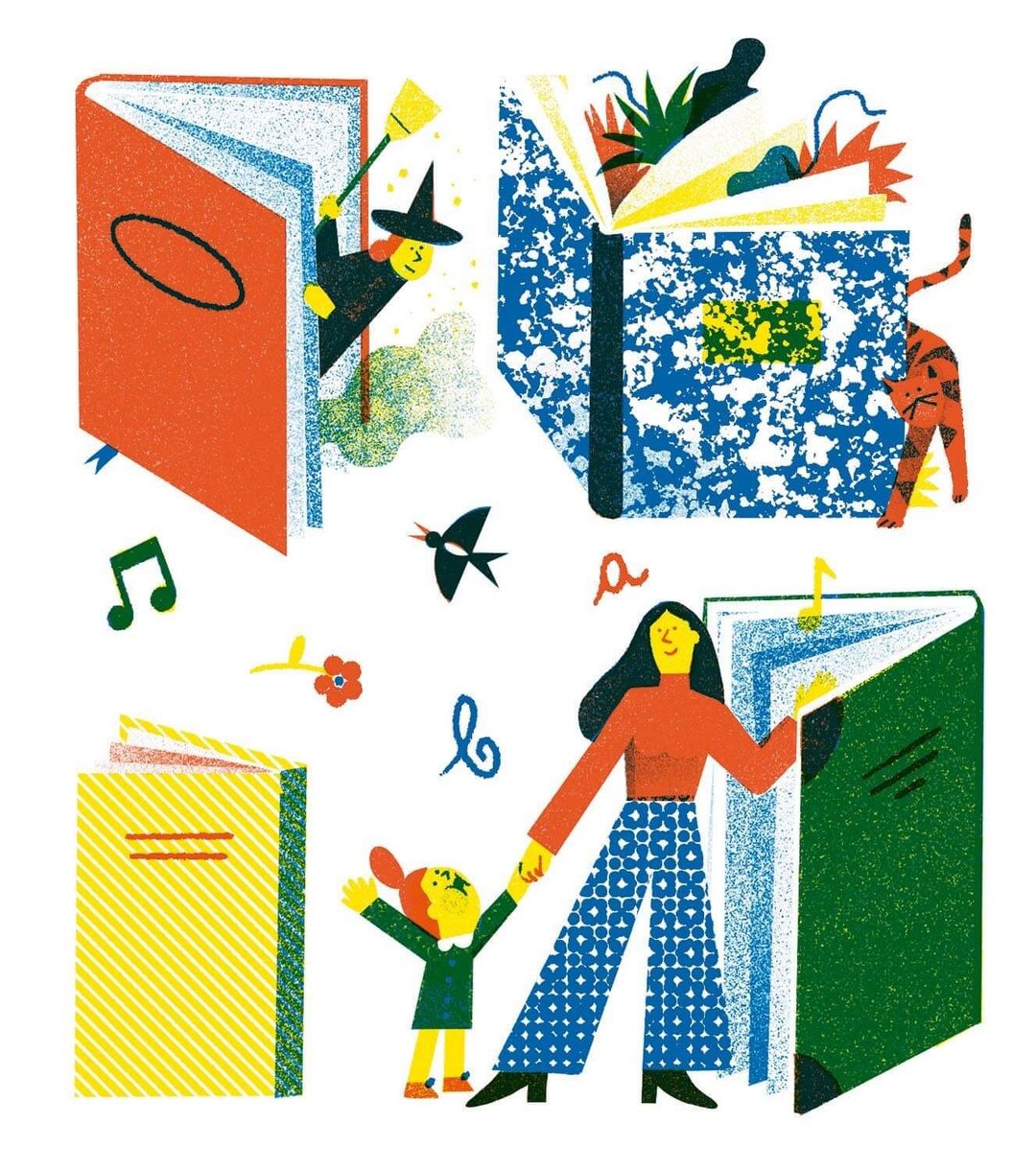 Illustration of a woman holding a child's hand near a green book, with other open books showing various scenes and a witch on broom.