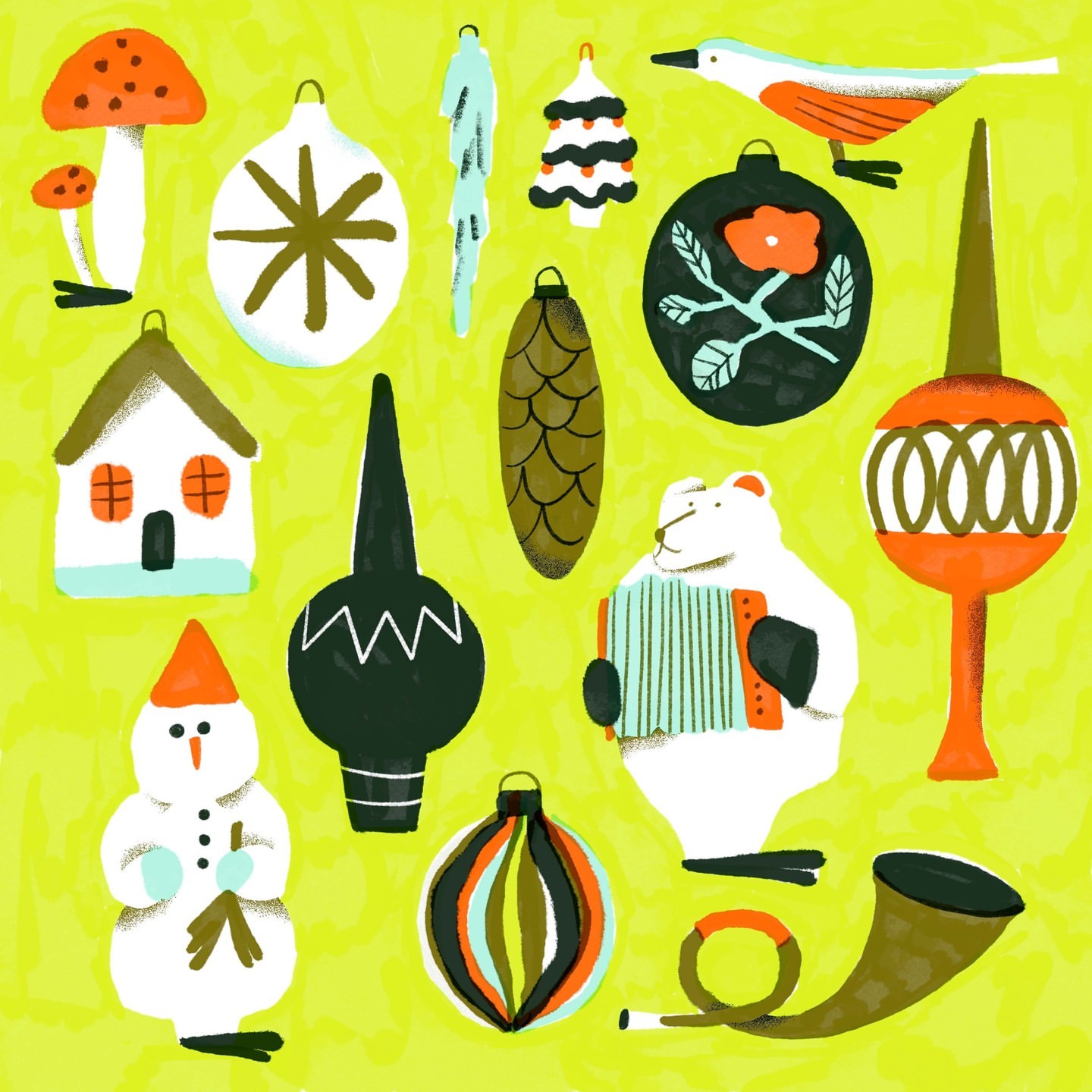 Festive vector illustration of Christmas ornaments including a mushroom, icicle, bird, Christmas tree topper, house, snowman, and bear.