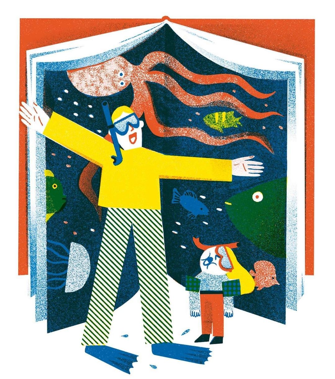 Illustration of a person in scuba gear in front of an open book showing a stylized underwater scene with an octopus and other sea life.
