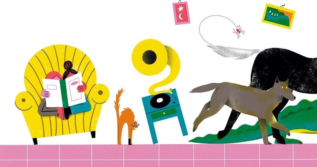 Illustration of a woman reading in a yellow armchair, with a cat, dog, record player, and wall decorations in a colorful, whimsical scene.