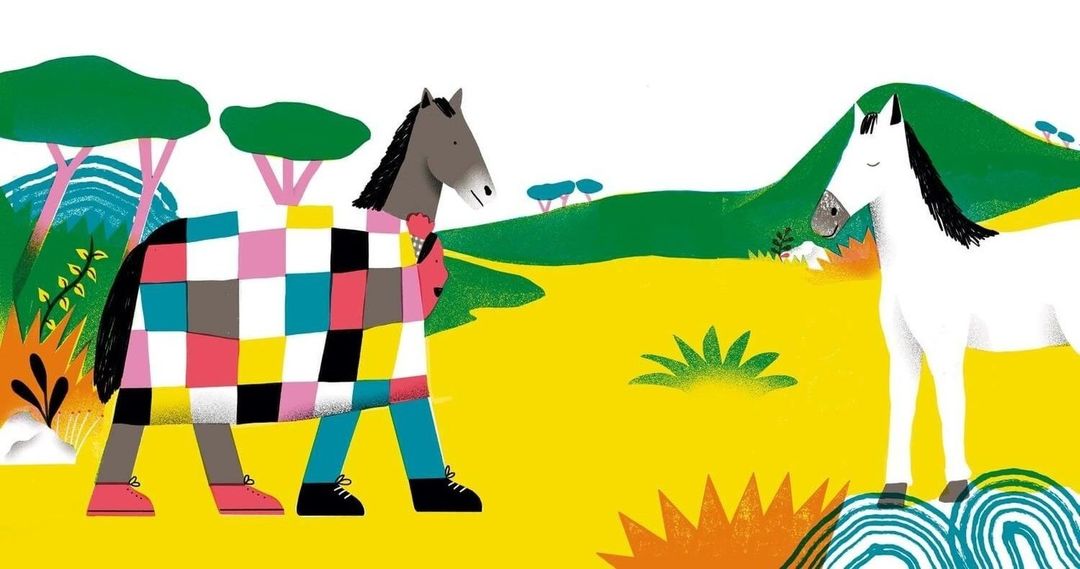 Stylized illustration of a bipedal horse-like figure in a patchwork coat standing in a colorful, illustrated landscape with another horse.