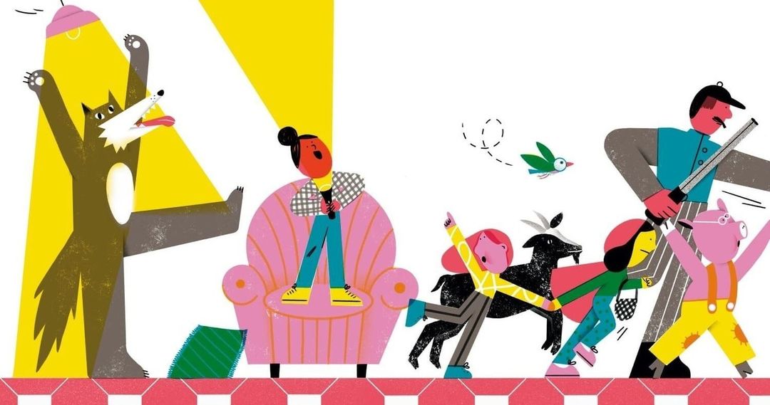 Stylized illustration featuring a person singing on a pink chair, a wolf, children, a goat, a pig, and a man holding a tube.