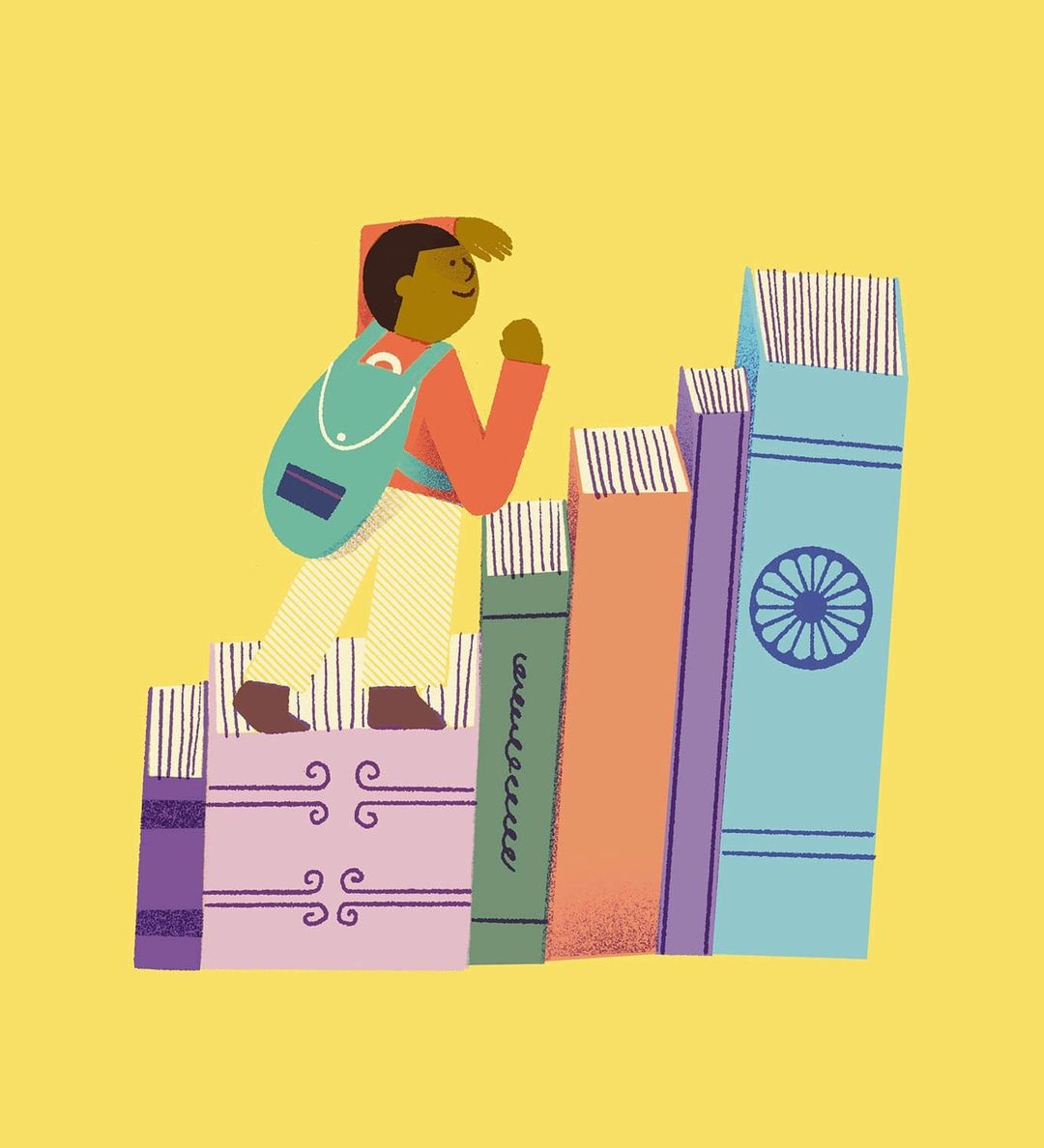 Illustration of a child climbing a staircase of stacked books, wearing a backpack, set against a yellow background, symbolizing education.