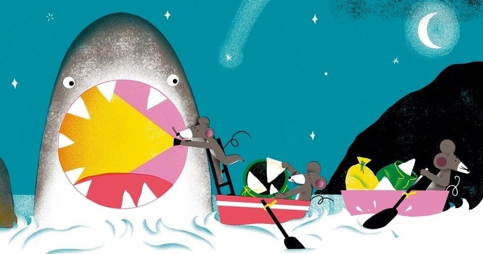 Illustration of mice in boats approaching a giant shark's mouth at night, set against a dark blue starry sky and a crescent moon.
