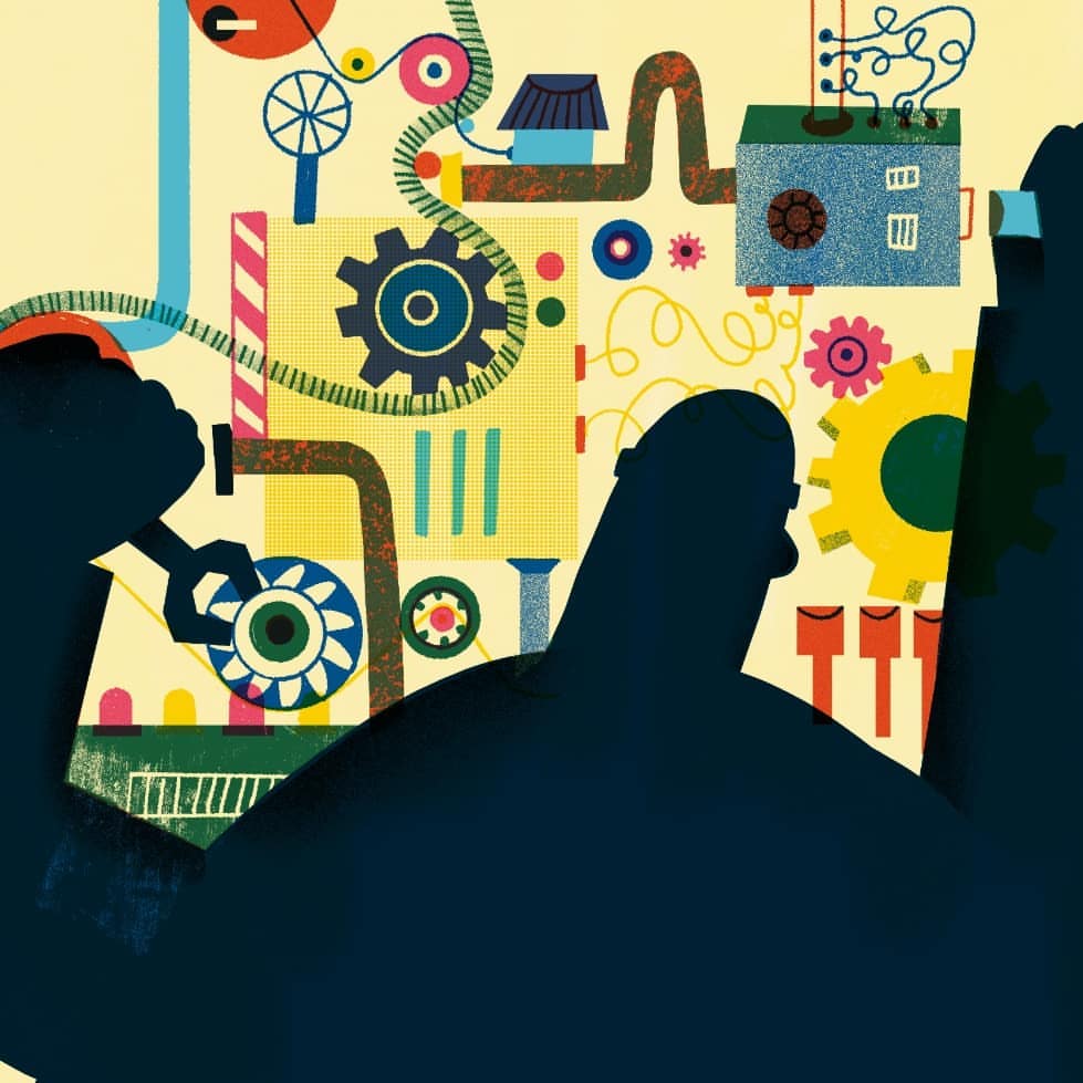 Whimsical illustration features abstract machinery, gears, and arms against a pale yellow backdrop, rendered in a textured, graphic style.