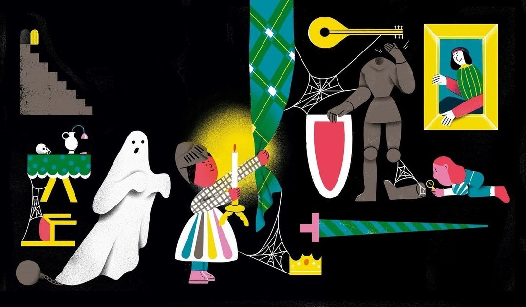 Whimsical illustration of a child dressed as a knight holding a candle, with a ghost, a suit of armour, and other characters in the scene.