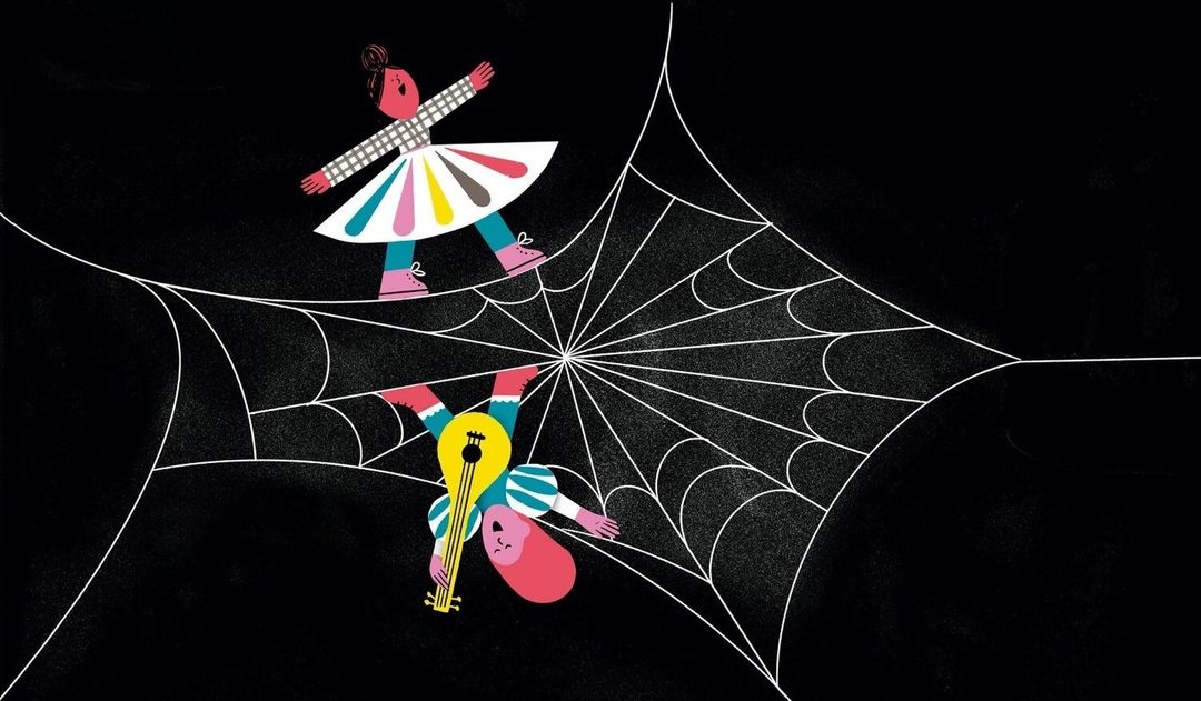 Illustration featuring two stylized figures on a spiderweb against a black background. One figure walks, while the other is upside down playing a guitar.