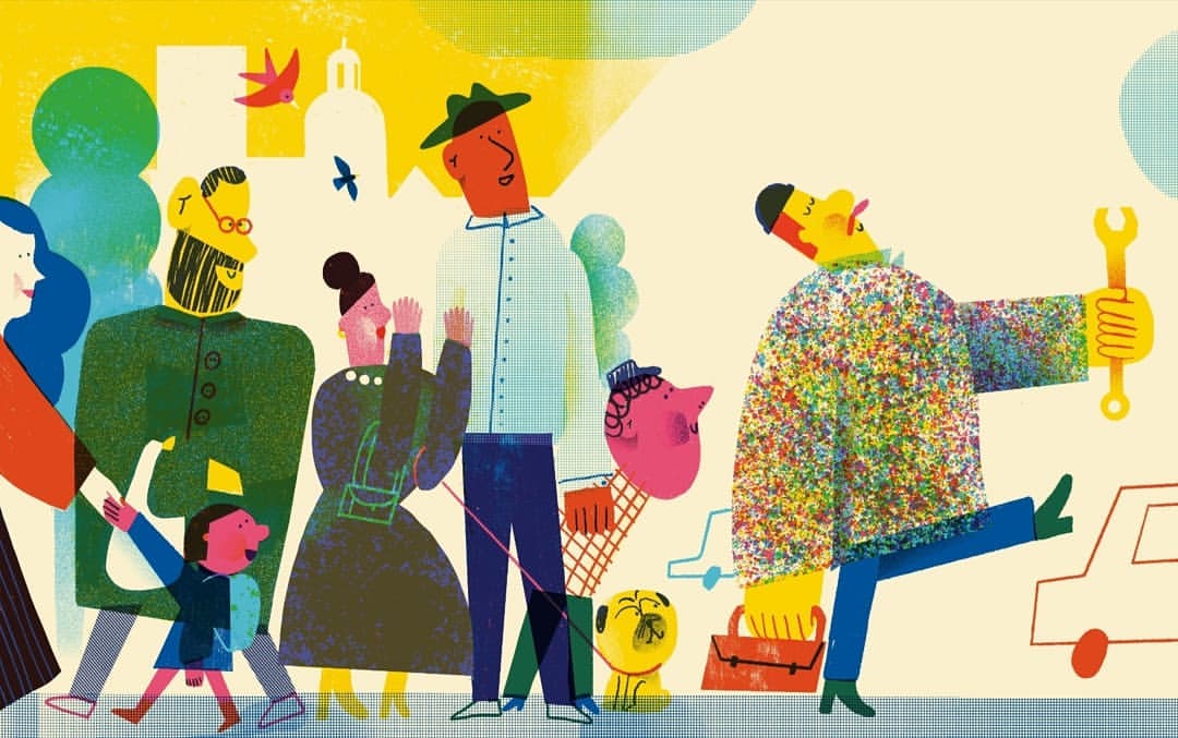 Illustration of people walking on a city street, featuring an adult male holding a wrench and a small dog on a leash.