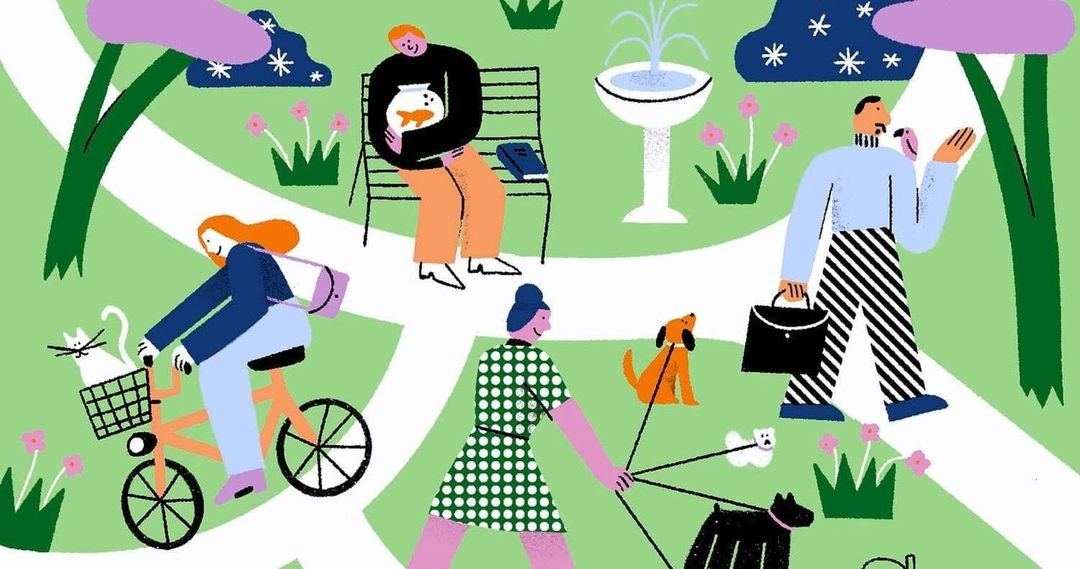 Illustration of people in a park with trees, flowers, and paths, depicted in a modern, flat style with bright pastel colors.