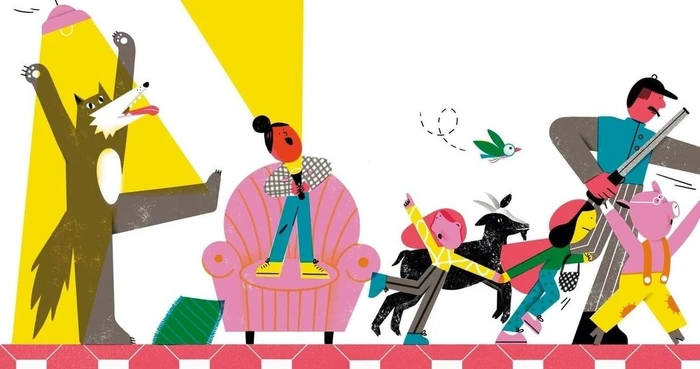 Digital illustration by Naida Mazzenga featuring a wolf, children, animals, and a huntsman in a colorful, storybook style