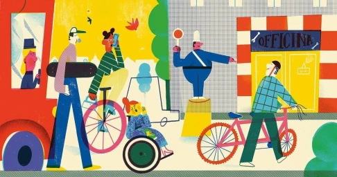 Colorful flat vector illustration of a busy city street scene with several people walking, cycling, and interacting.