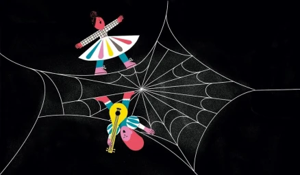 Digital illustration of two figures balancing on a large white spiderweb against a solid black background by Naida Mazzenga
