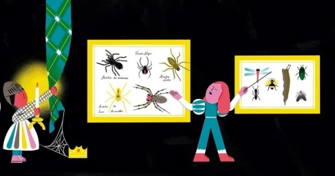 Digital illustration of a person holding a pointer to a spider chart next to a character with a candle