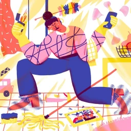 Digital illustration of a stressed person multitasking with cleaning tools, a lighter, and a phone in a colorful abstract room.