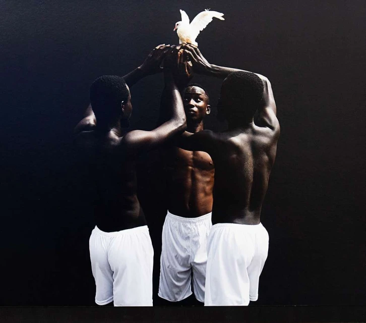 Three shirtless Black men in white shorts converge around a white dove against a dark background, creating a striking, artistic studio portrait.