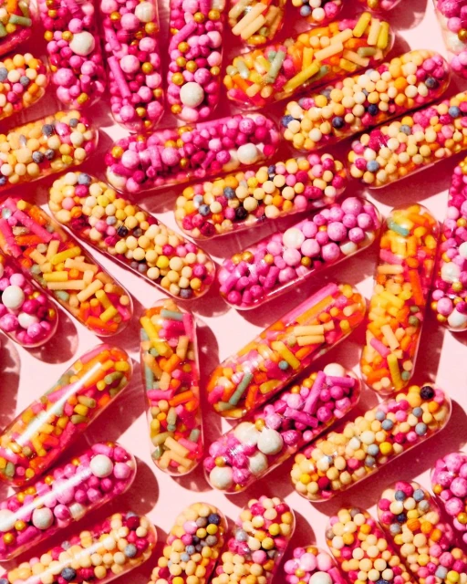 Close-up of numerous clear capsules filled with colorful sprinkles against a light pink background creating a vibrant, abstract pattern.