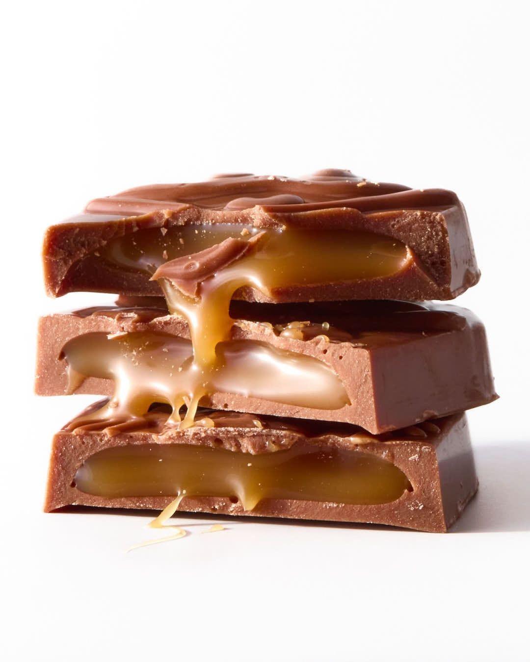 Stacked chocolate caramel bars with caramel dripping down the side, creating a decadent and mouthwatering dessert still-life shot.
