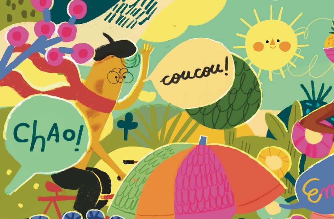 Colorful illustration of a cartoon-style character riding a bicycle through a whimsical landscape with text bubbles and a smiling sun.
