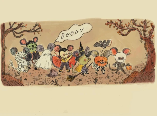 Illustration of cartoon mice dressed in Halloween costumes, including a mummy, Frankenstein, ghost, vampire, and witch, outdoors.