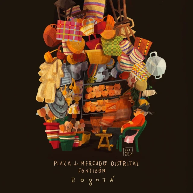 Colorful illustration of a market scene with a variety of woven bags, pottery, and a person resting in an outdoor setting with a dark backdrop.