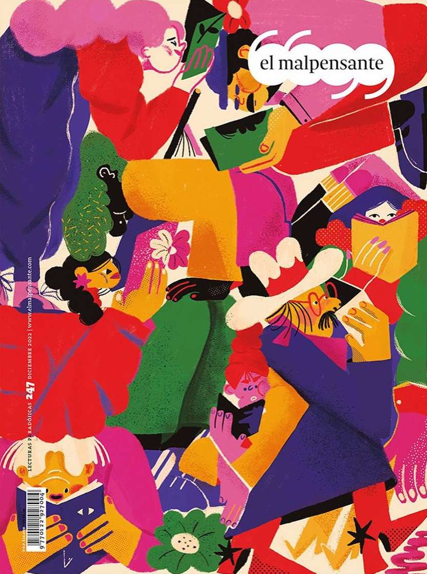 Magazine cover illustration features an abstract group of people reading books, set against a vibrant color palette with floral accents.